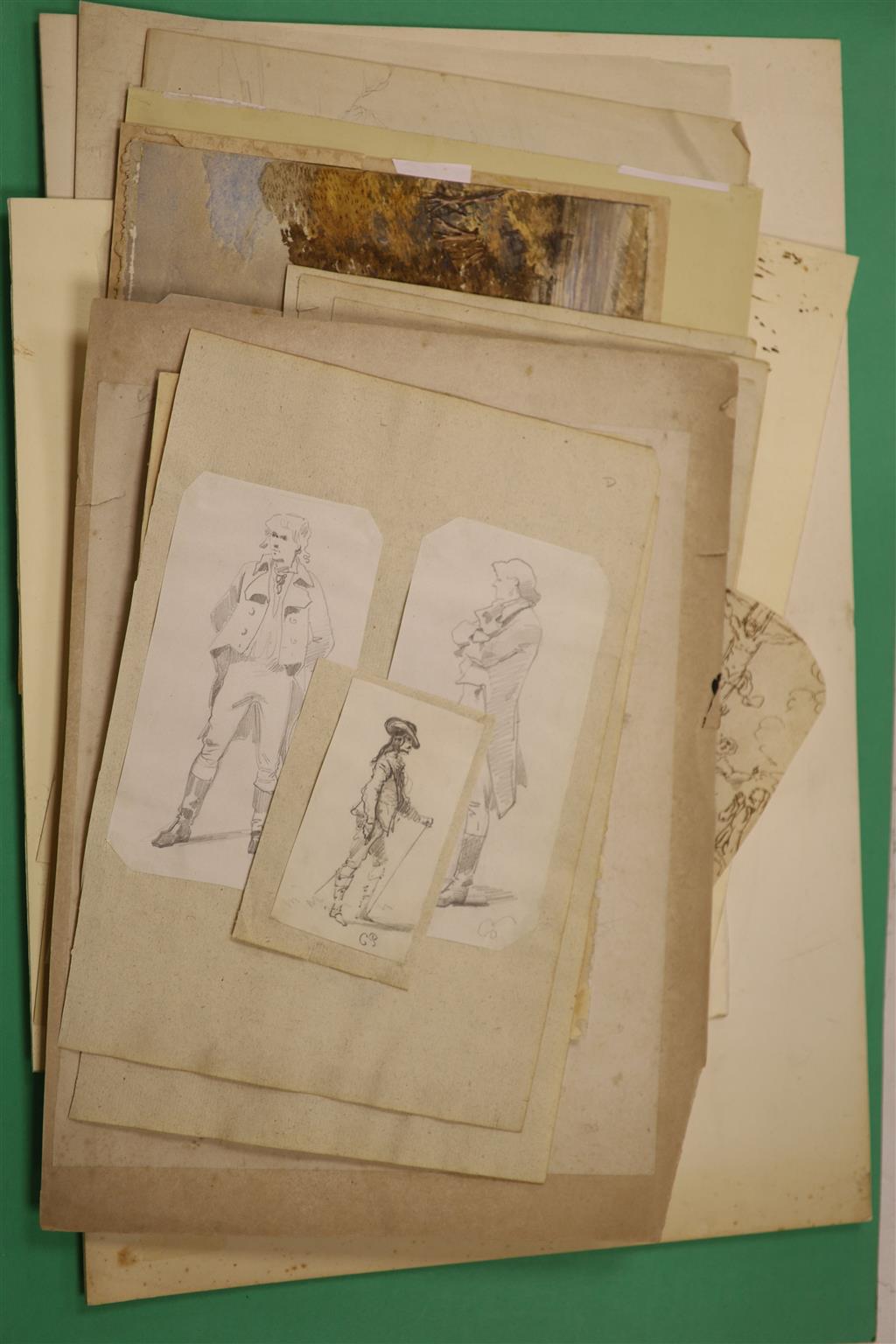 A folio of assorted watercolour sketches, drawings and prints, mostly 19th century